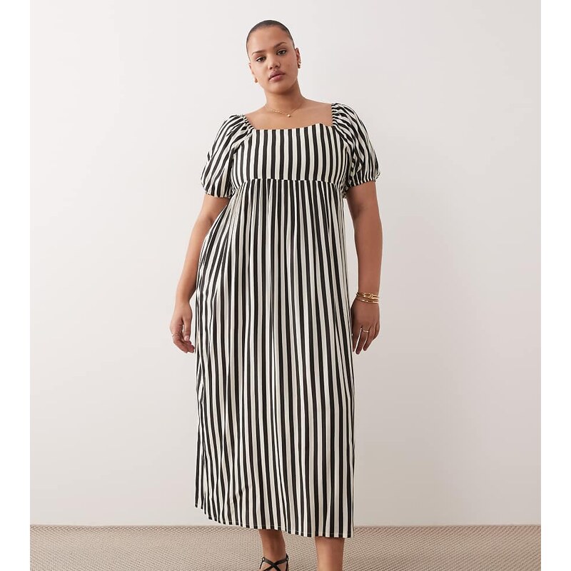 Esmee Curve puff sleeve maxi beach dress in black & cream stripe