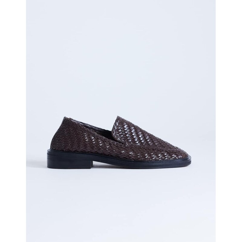 Topshop Bali real leather weave flat shoe loafer in chocolate