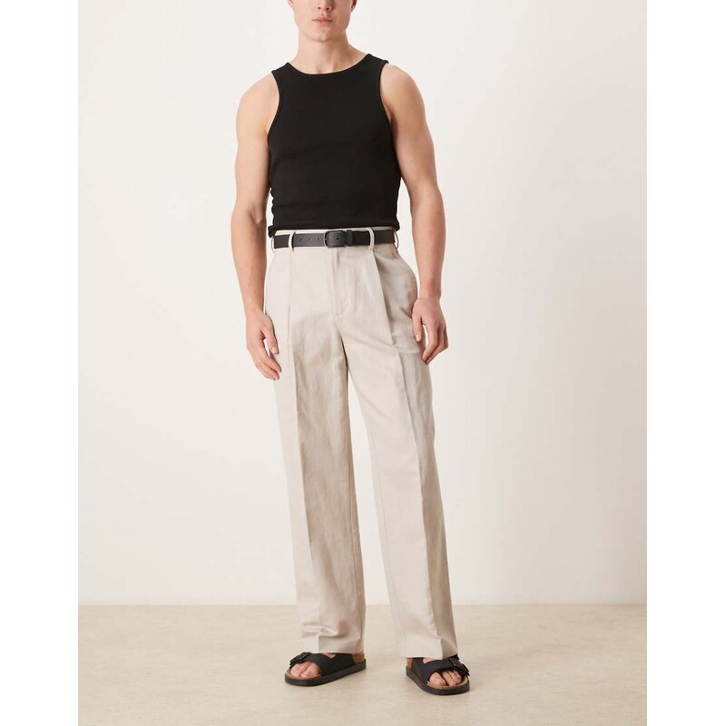 ASOS DESIGN smart pleated linen rich wide leg trousers in stone