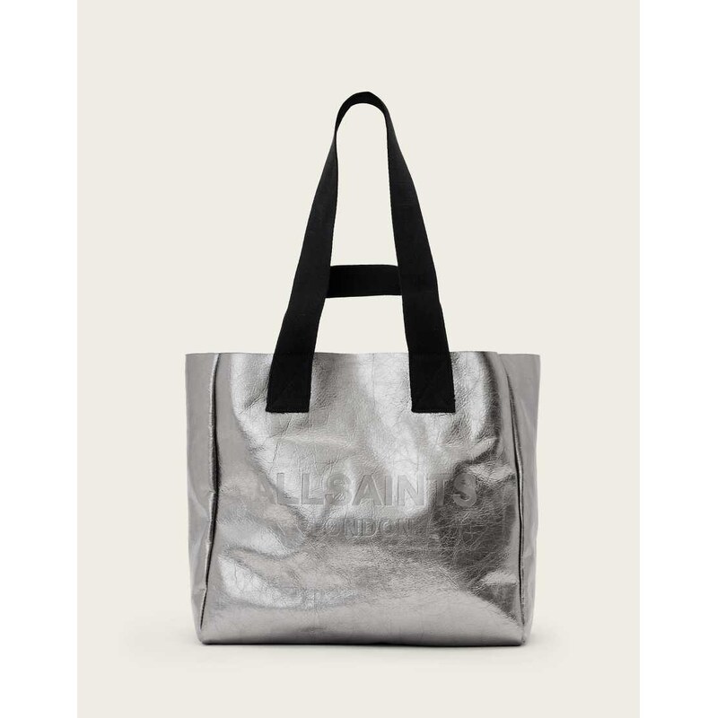 AllSaints izzy metallic leather tote bag in gunmetal-Grey 113467218