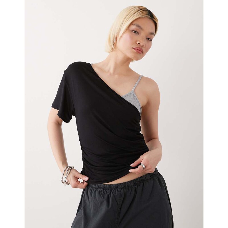 COLLUSION double layer off-shoulder cami in black and grey