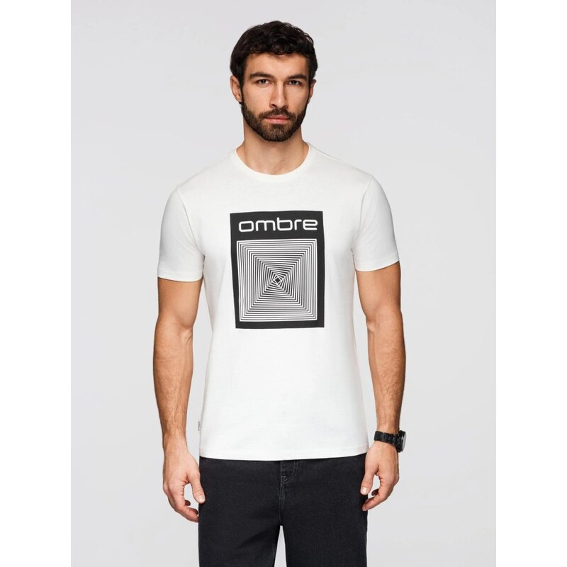 Ombre Clothing Bílé pánské tričko s geometrickým potiskem V2