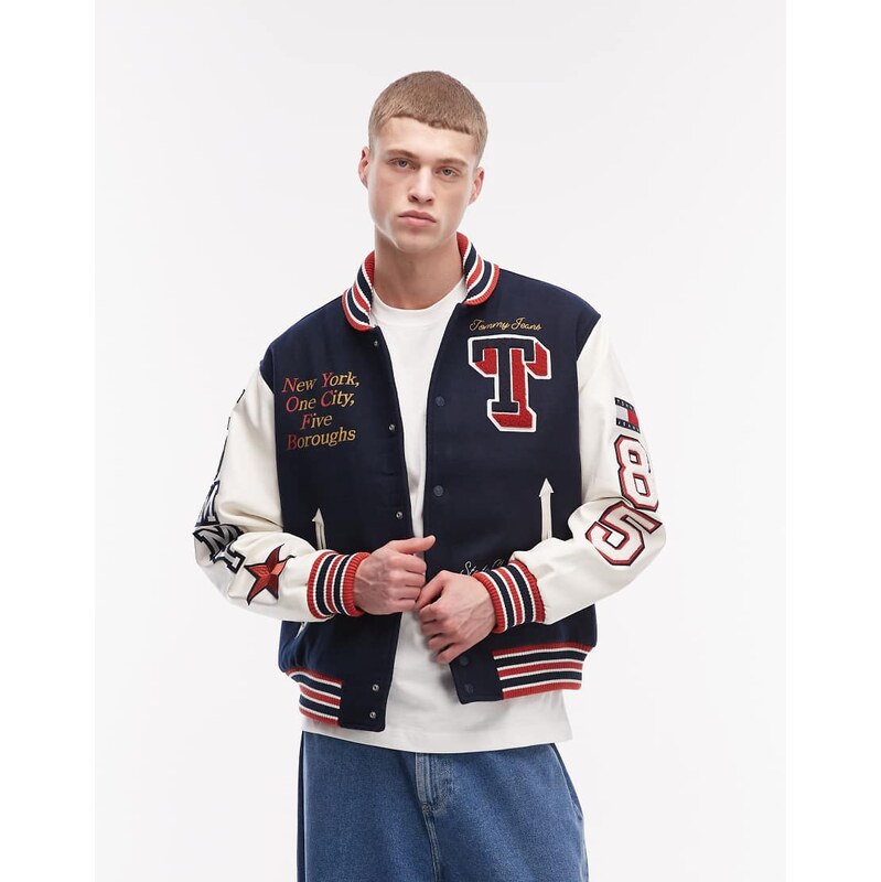 Tommy Jeans graphic patch logo varsity jacket with leather