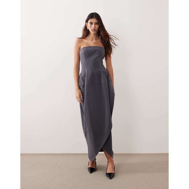 ARRANGE structured volume bandeau midi dress in grey 113380296