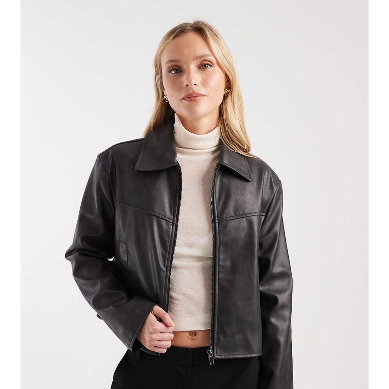 ASOS Petite ASOS DESIGN Petite leather look top collar jacket in 113380318