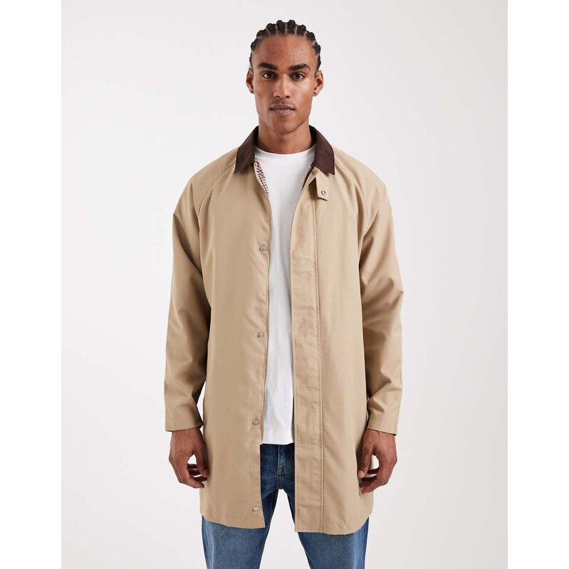 ONLY & SONS cord collar detail longline mac in beige-Neutral