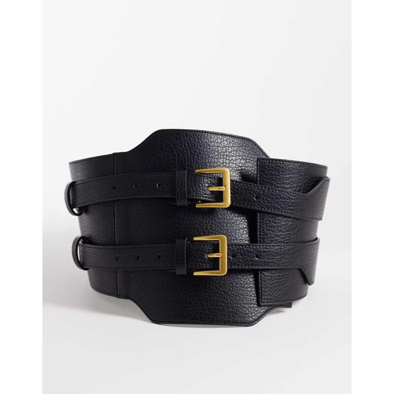 ASOS DESIGN wide waist double buckle belt in black 113380416