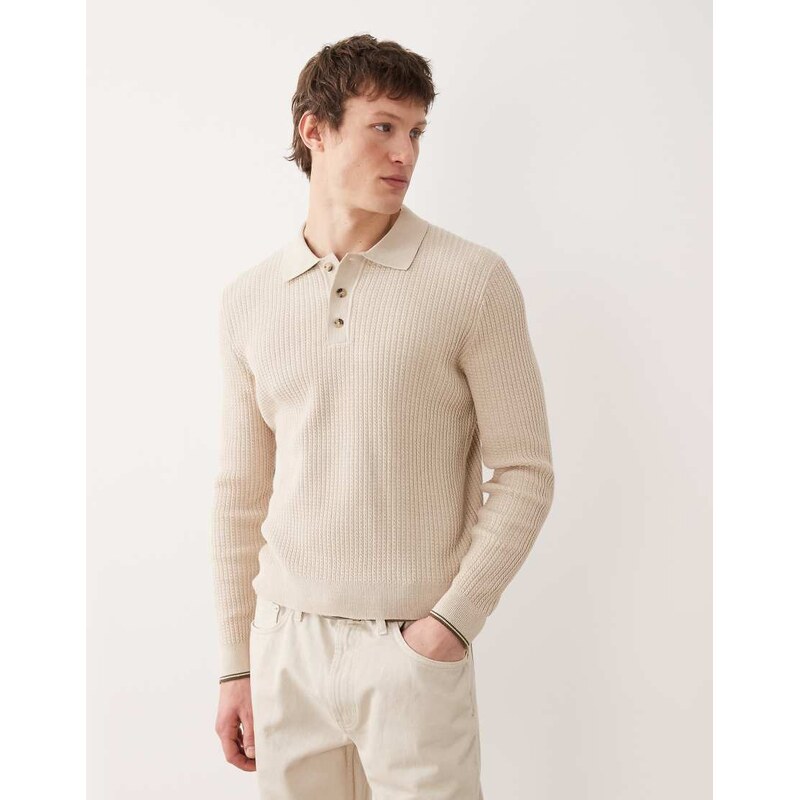 Mango cotton mix knitted poloshirt in ecru-Neutral