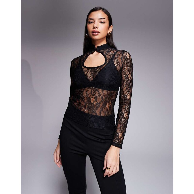ASOS DESIGN lace mandarin long sleeve top with collar in black