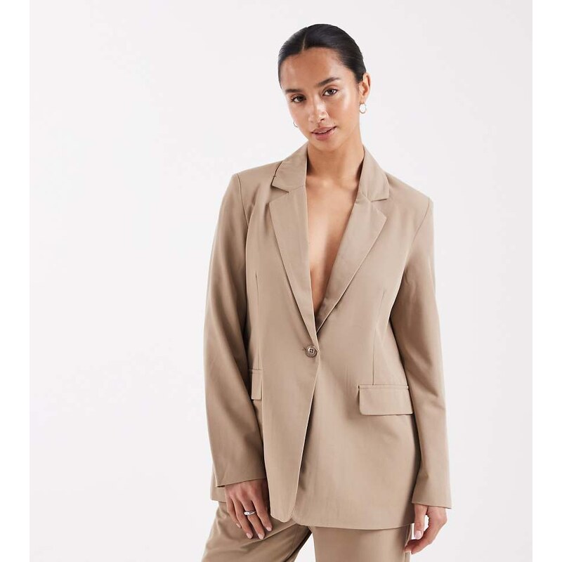 Vero Moda Petite loose fit tailored blazer co-ord in beige