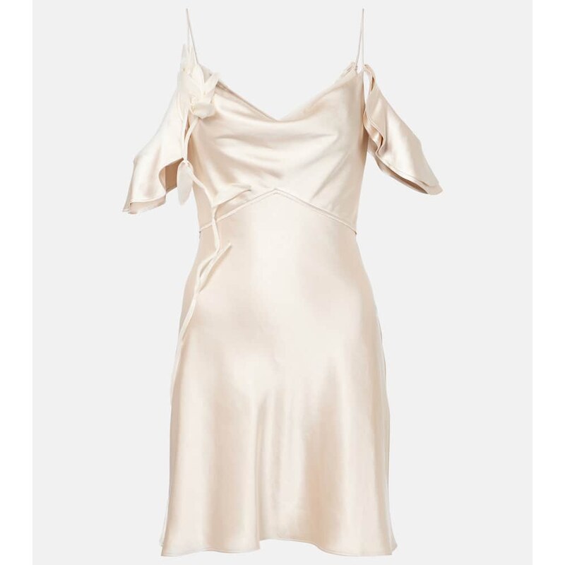 Self-Portrait Floral-appliquÃ ruffled satin minidress