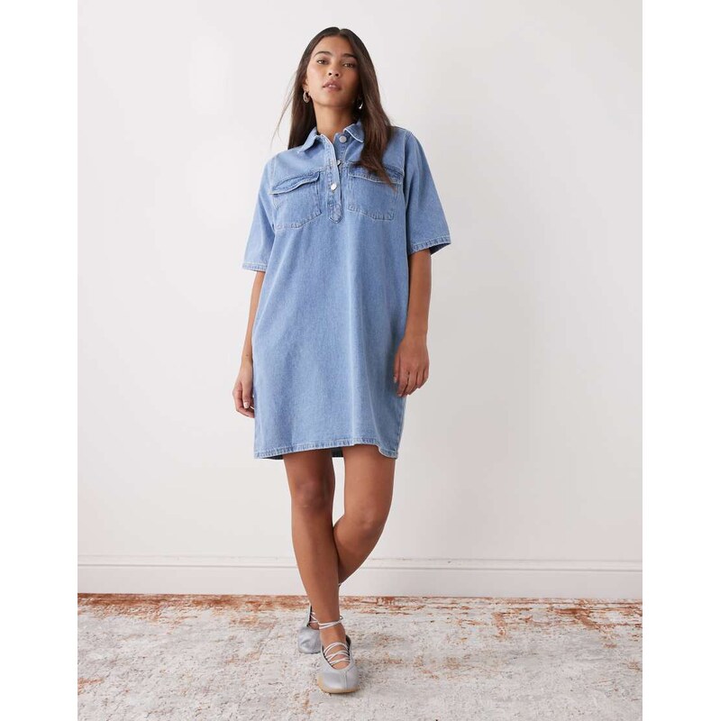Noisy May oversized boxy denim dress with pockets in light blue 113392562