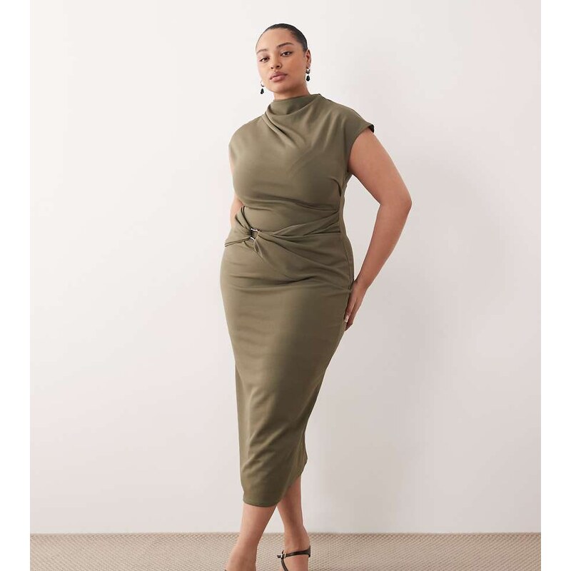 ASOS Curve cap sleeve wrap trim midi dress in khaki-Green