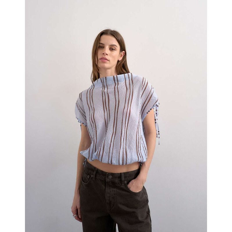 Topshop draped high neck top with tie in blue stripe