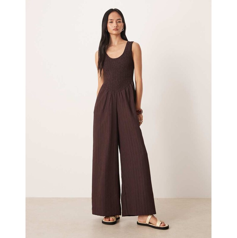 ASOS DESIGN scoop neck crinkle jumpsuit in brown 113435148
