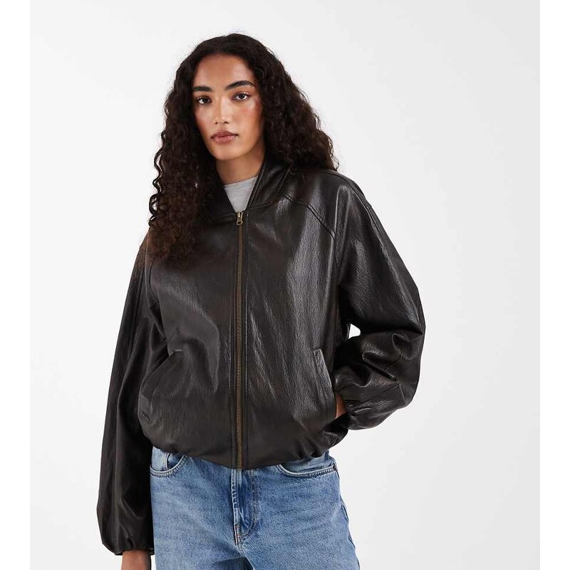 ASOS Tall ASOS DESIGN Tall washed leather look oversized bomber jacket 113383656