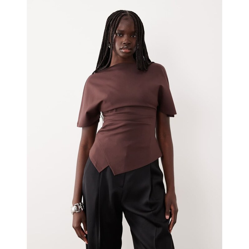 Pretty Lavish structured jersey pleat detail top co-ord in brown