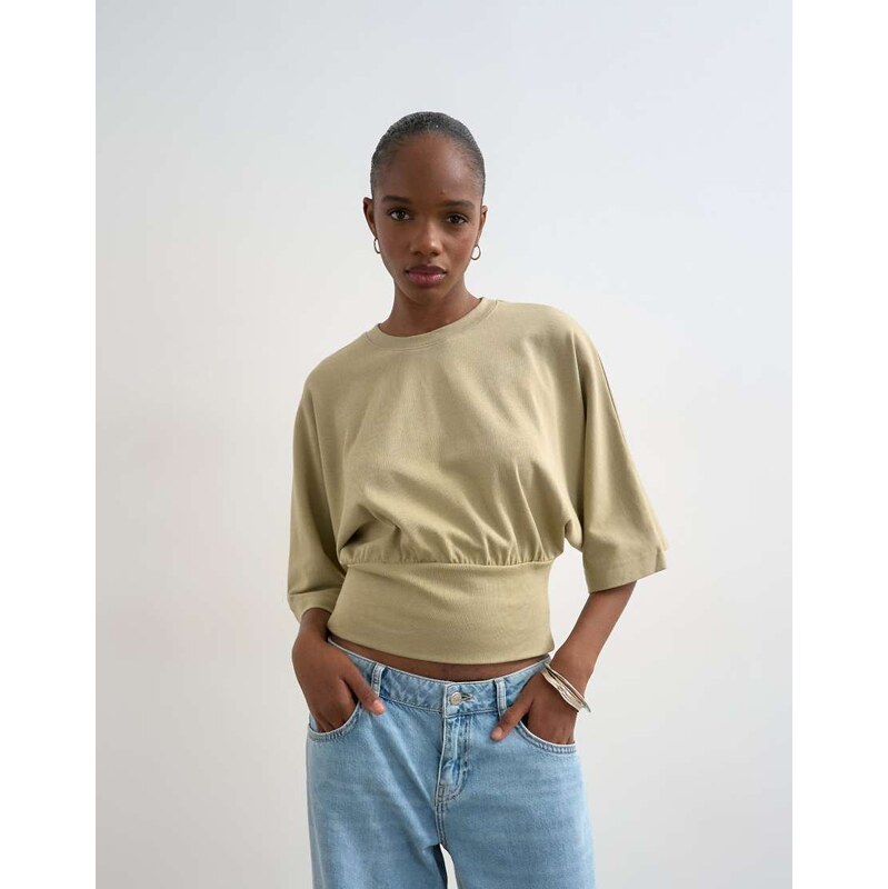 Topshop ruched cinch waist long sleeve top in light khaki-White
