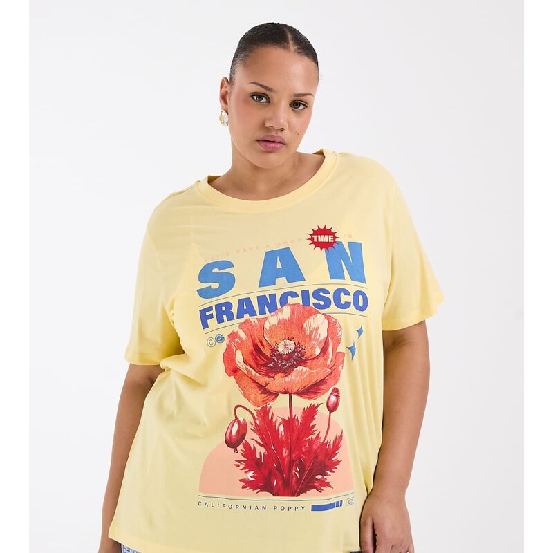 ONLY Curve San Francisco print t-shirt in pastel yellow