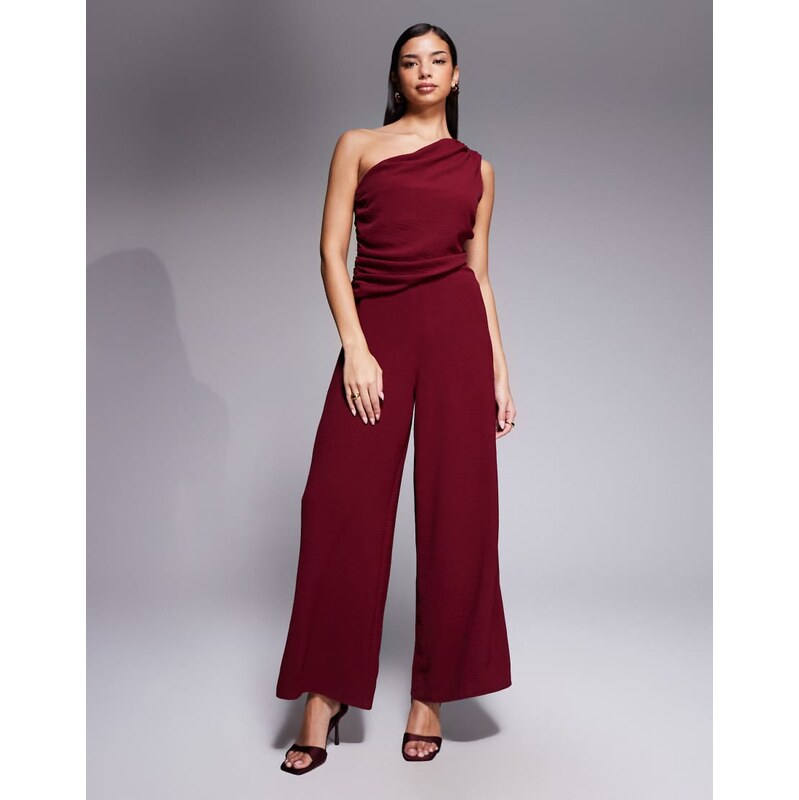 ASOS DESIGN draped one shoulder jumpsuit in burgundy-Red