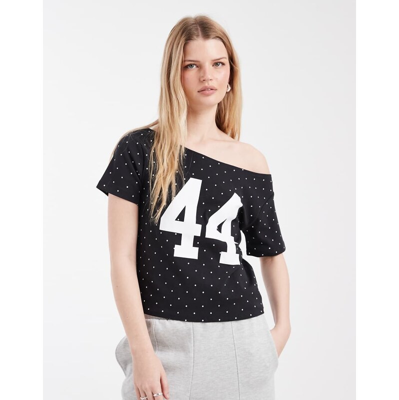 Cotton On sporty off shoulder graphic tee in pink-Black 114589550