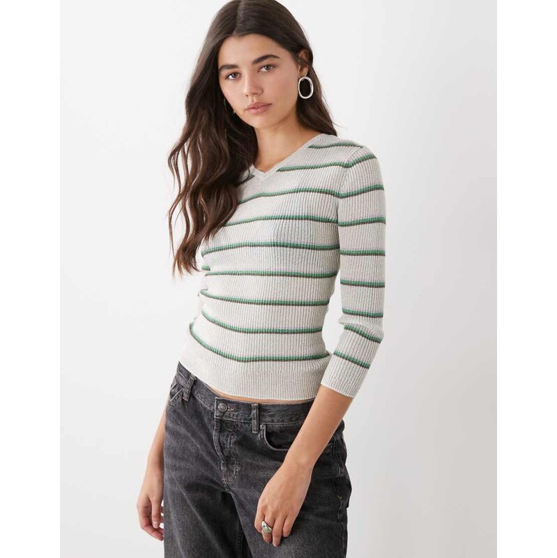 Monki jersey v-neck top in green stripe-Grey