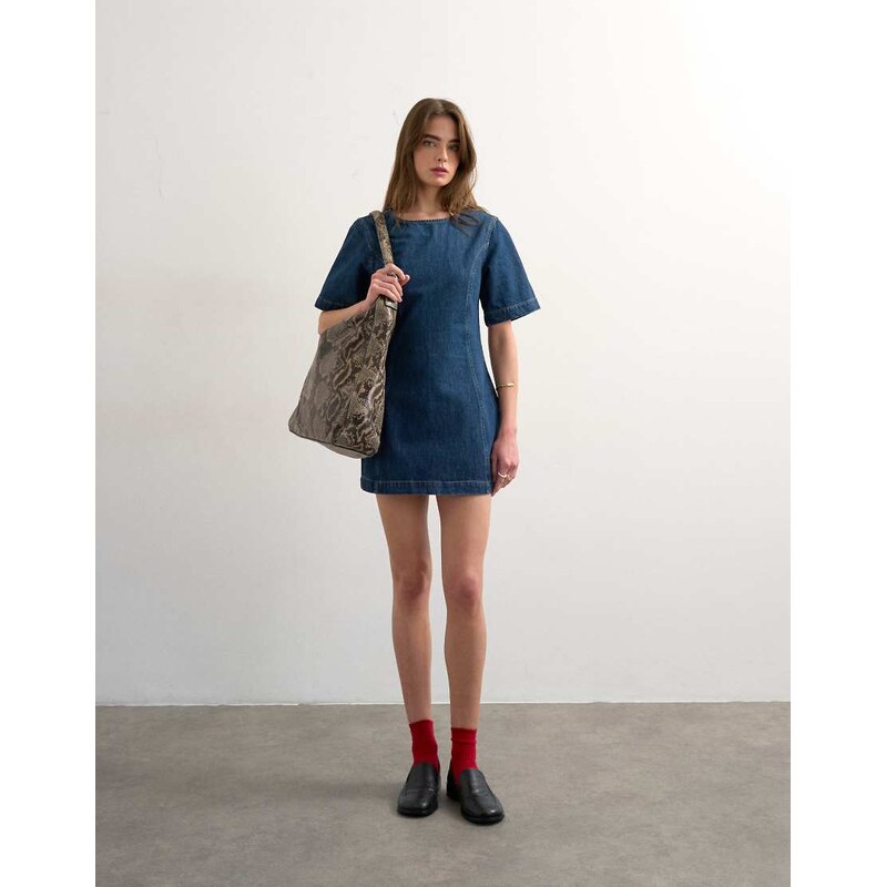 Topshop boat neck structured sleeve mini dress in mid blue-Brown
