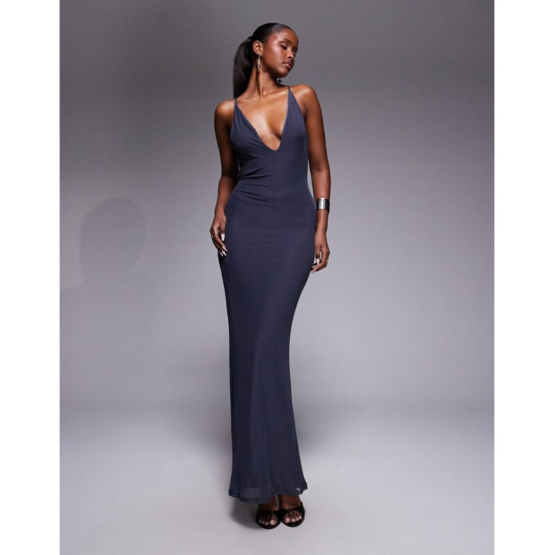 ASOS DESIGN mesh super scooped plunge maxi dress in grey