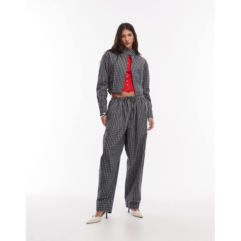 Lioness Aura tie waist wide leg trousers co-ord in navy lemon plaid 115521973