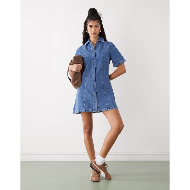 Reclaimed Vintage denim shirt dress in mid wash blue
