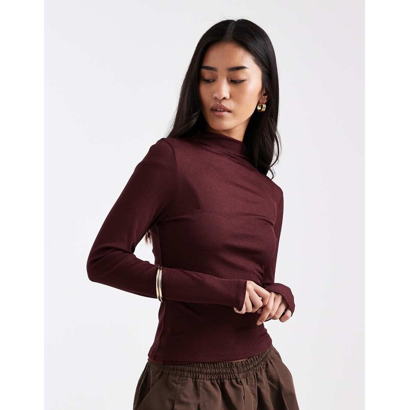ASOS DESIGN sheer double layer long sleeve top in plum-Red