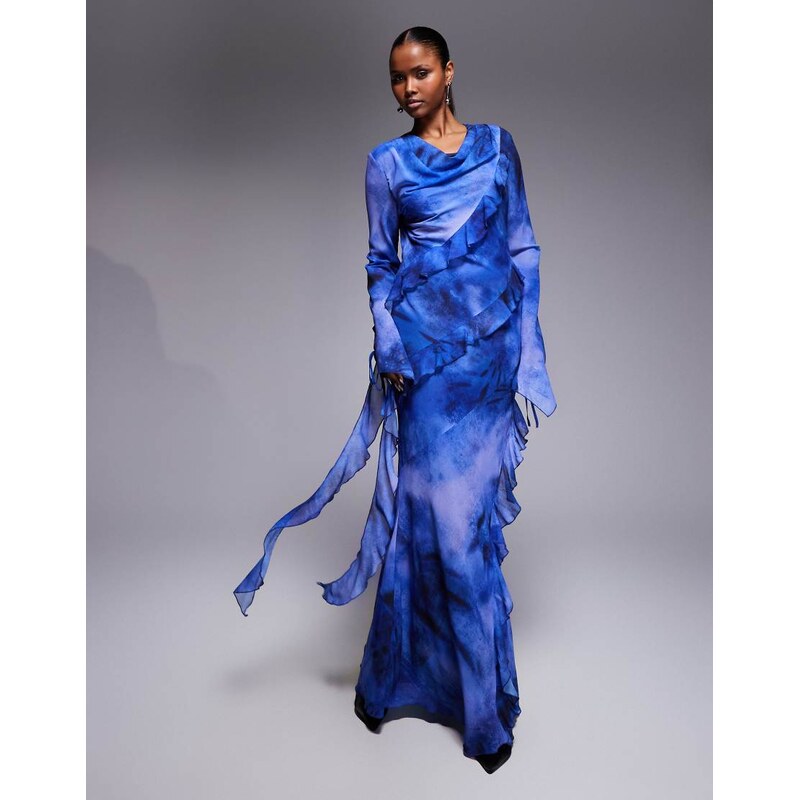 Daska chiffon high cowl neck frill detail maxi dress in cobalt 115521250