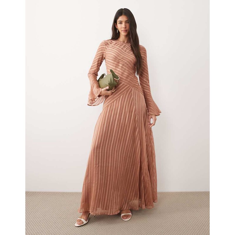ASOS DESIGN flare sleeve maxi dress with hem in rust stripe