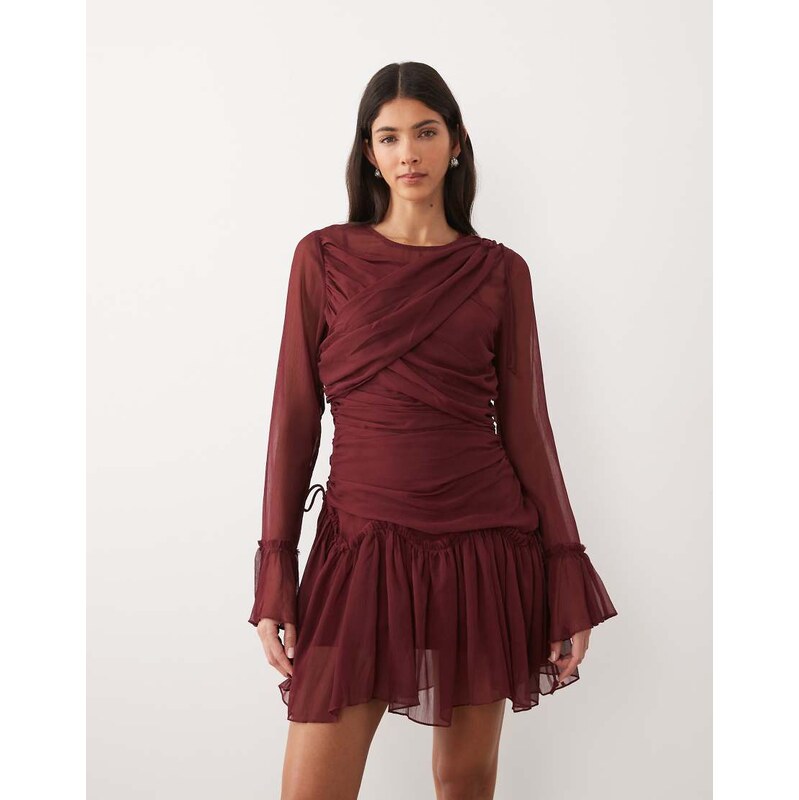 ASOS DESIGN long sleeved drape frill mini dress in burgundy-Red