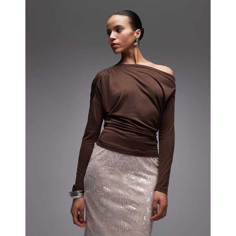 ASOS DESIGN soft touch drape off shoulder top with cinch waist