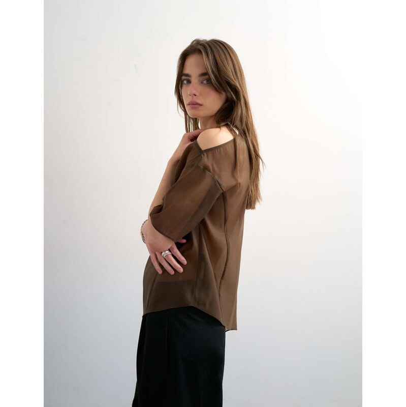 Topshop one shoulder organza top in chocolate-Multi