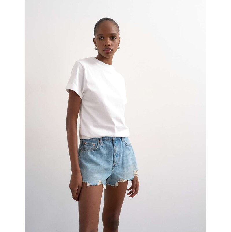 Topshop denim A-line shorts with rip in bleach-Blue