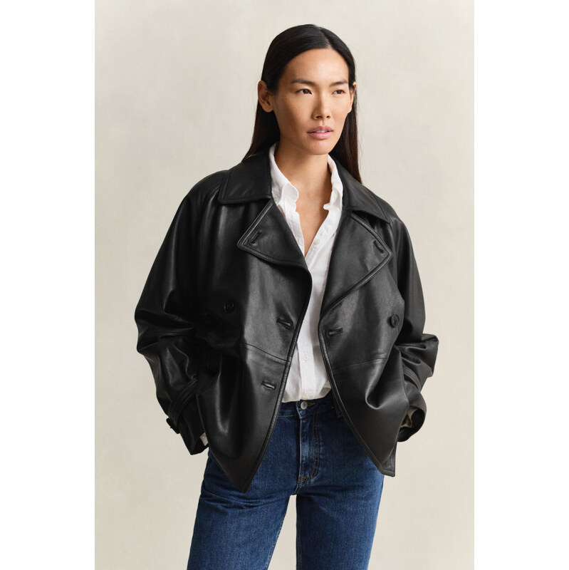 KABÁT GANT LEATHER SHORT TRENCH COAT BLACK 113386174