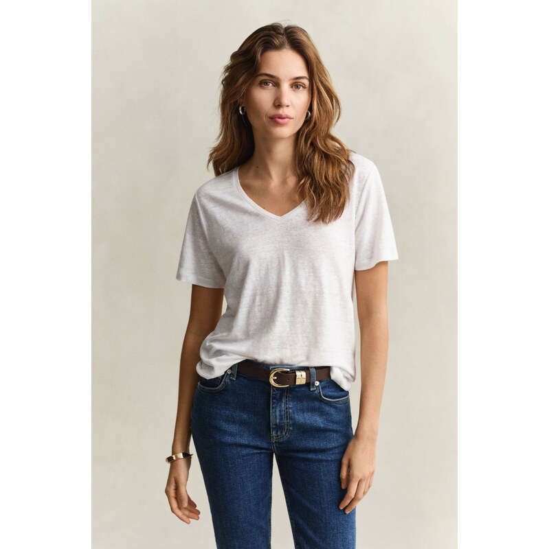 TRIČKO GANT REG LINEN V-NECK SS T-SHIRT WHITE