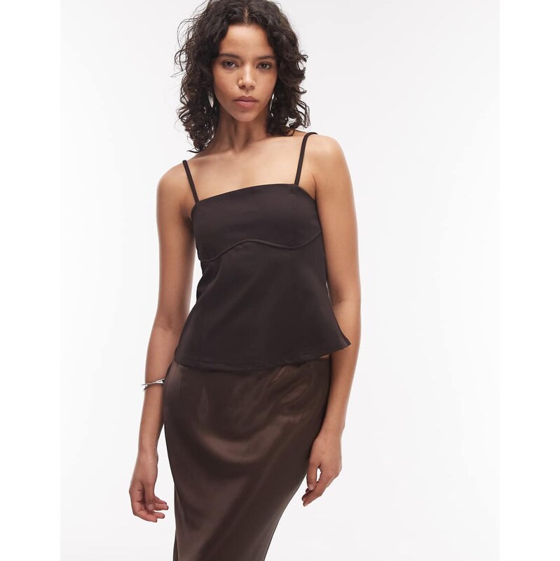 ASOS DESIGN slinky twill curved bust cami top in chocolate-Brown