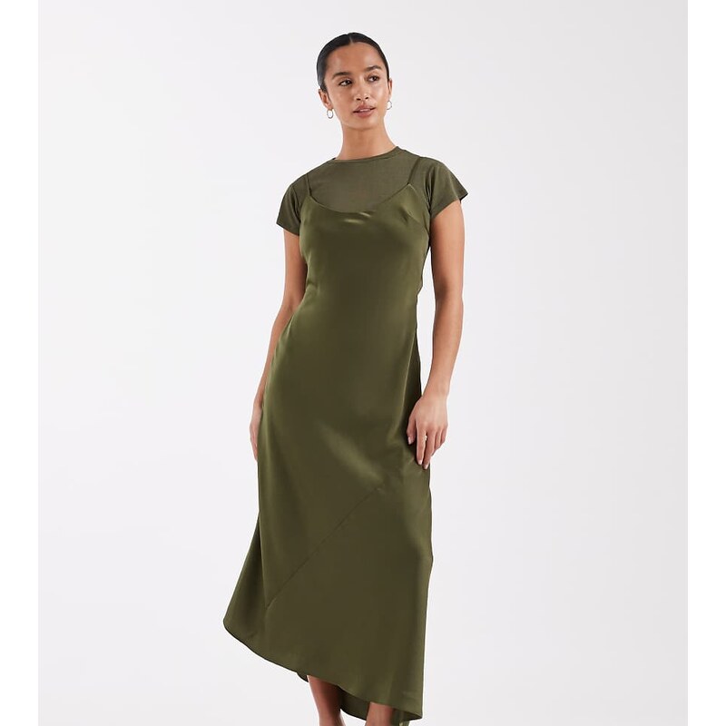ASOS Petite ASOS DESIGN Petite cami satin 2 in 1 t shirt midi dress in 113392553