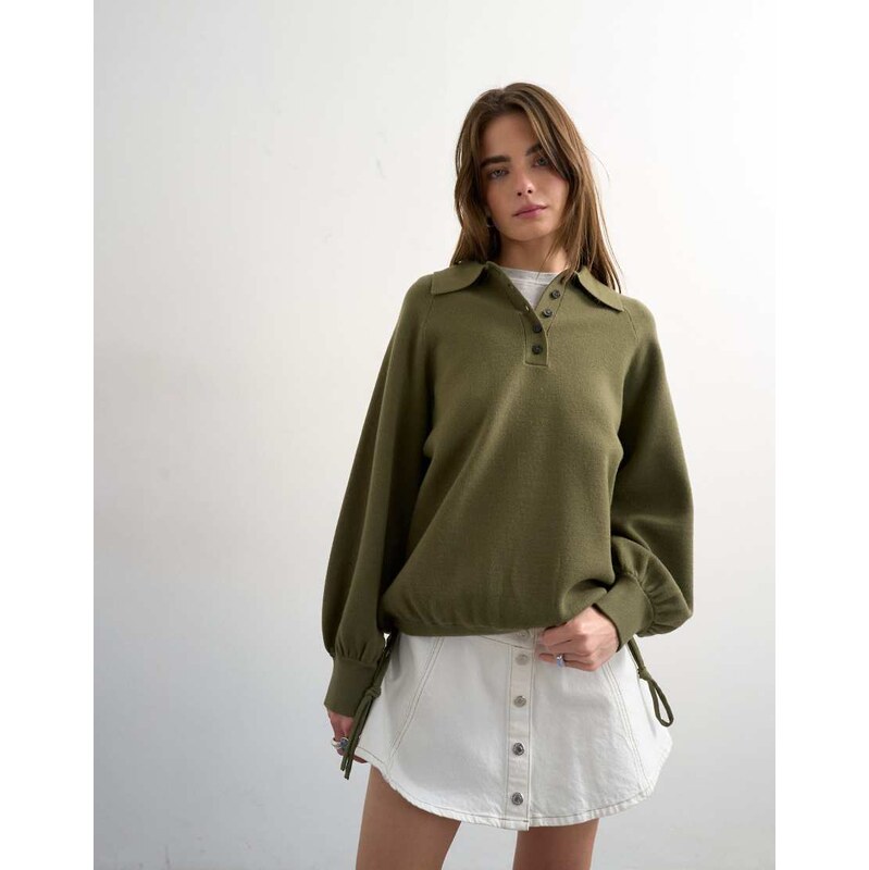 Topshop knitted compact utility cinch polo in khaki-Green 113392563