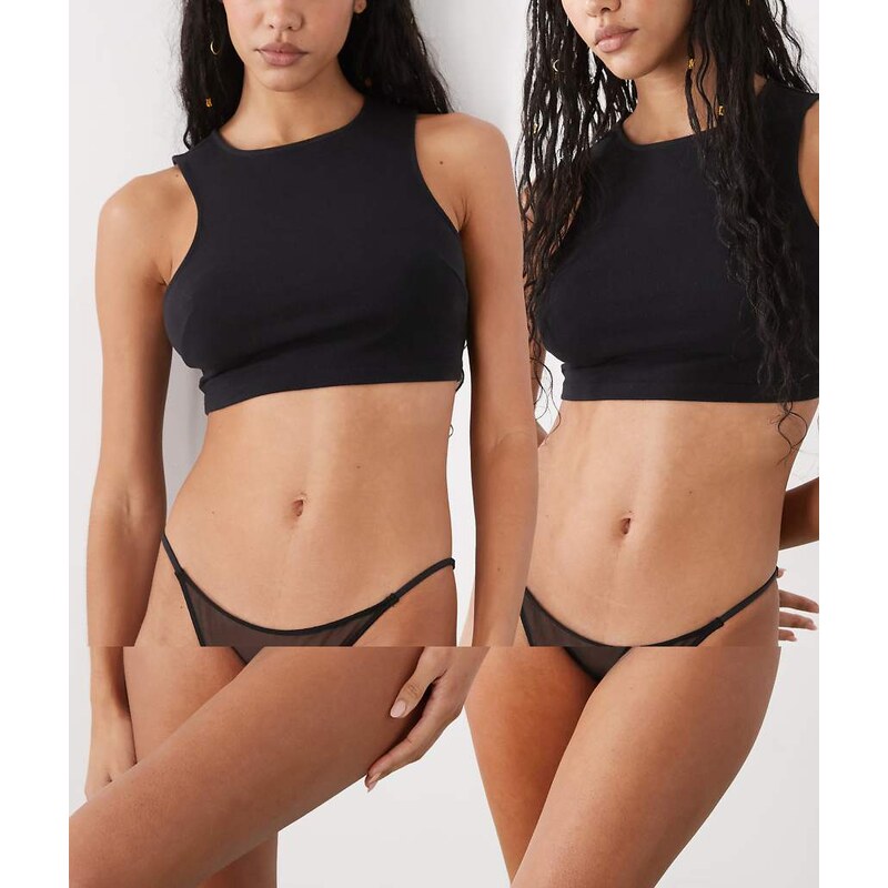 Weekday 2-pack mesh tanga briefs with in black & messy polka dot print 113392539