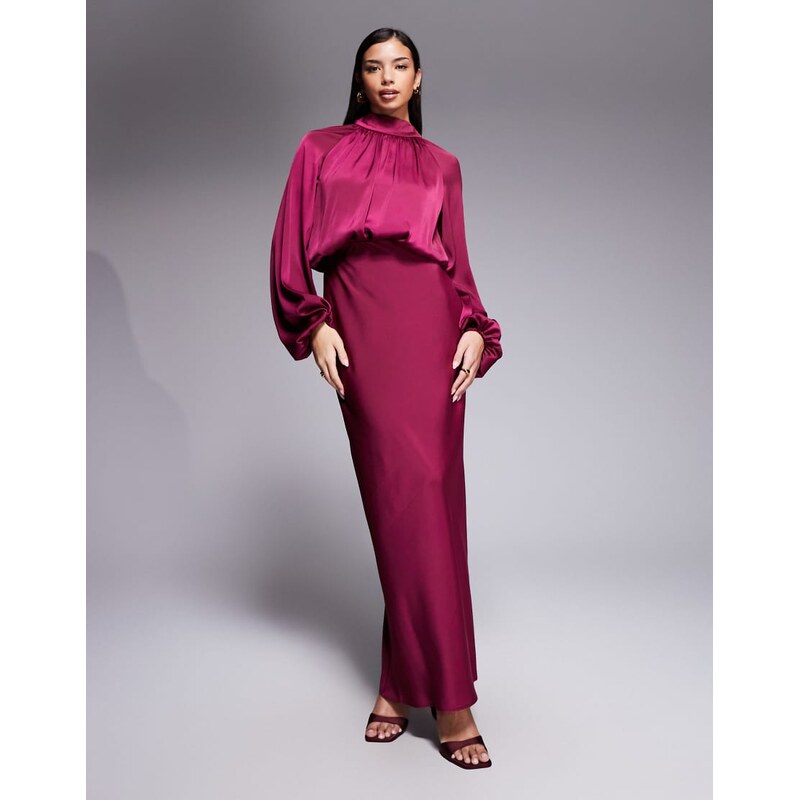ASOS DESIGN textured blouson maxi dress with high neck and tie