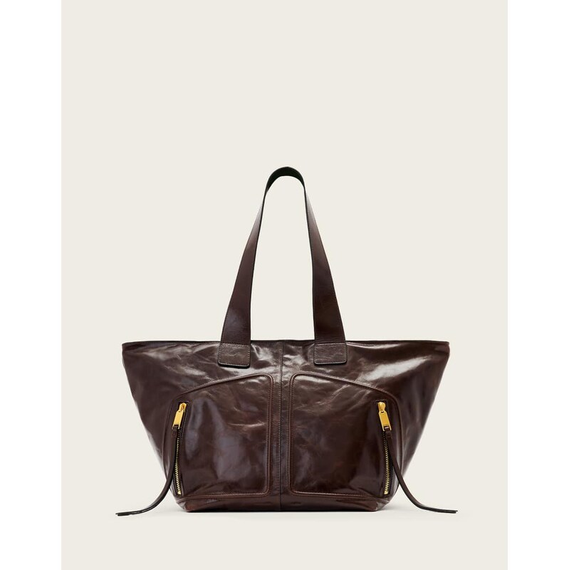 AllSaints jean rey zip detail tote bag in cognac brown 114377594