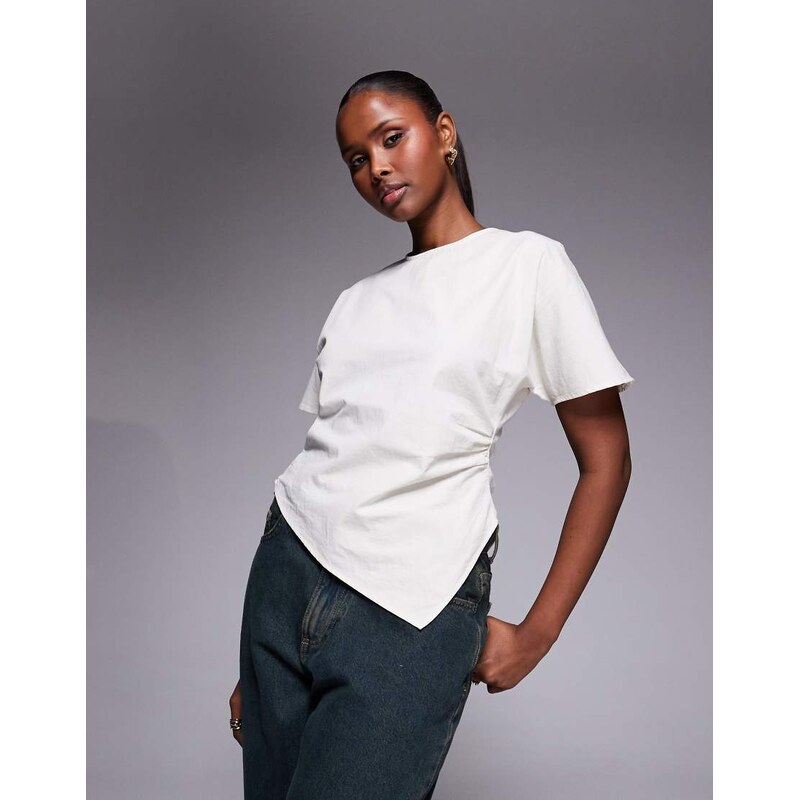 ASOS DESIGN asym ruched detail woven tee in cream-White 105829074