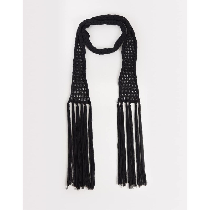 ASOS DESIGN crochet scarf with fine fringe in black 113441699