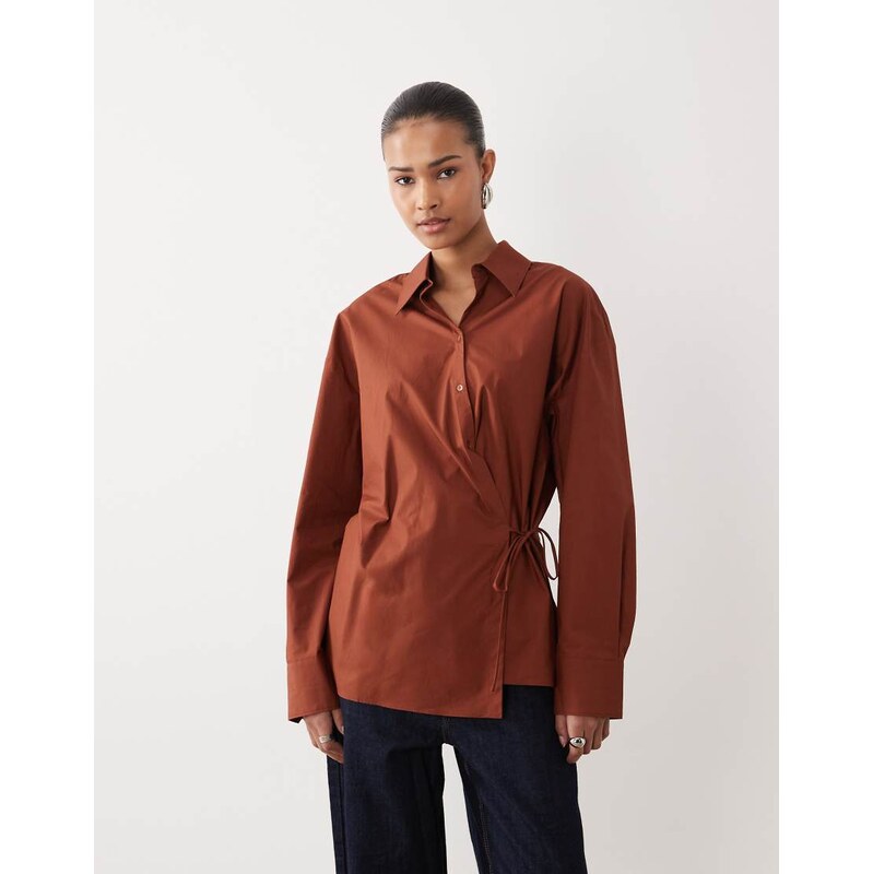 Mango 100% cotton oversized tie waist shirt in burnt orange