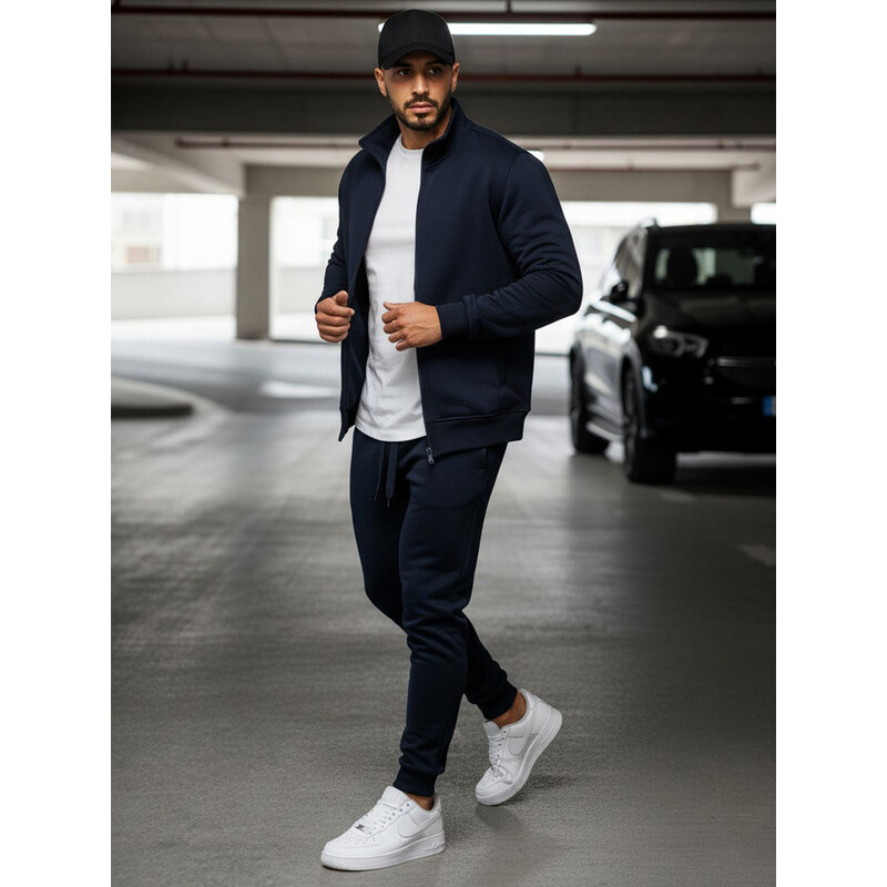 FashionStreet Pánská mikina na zip bez kapuce tmavě modrá BX4567