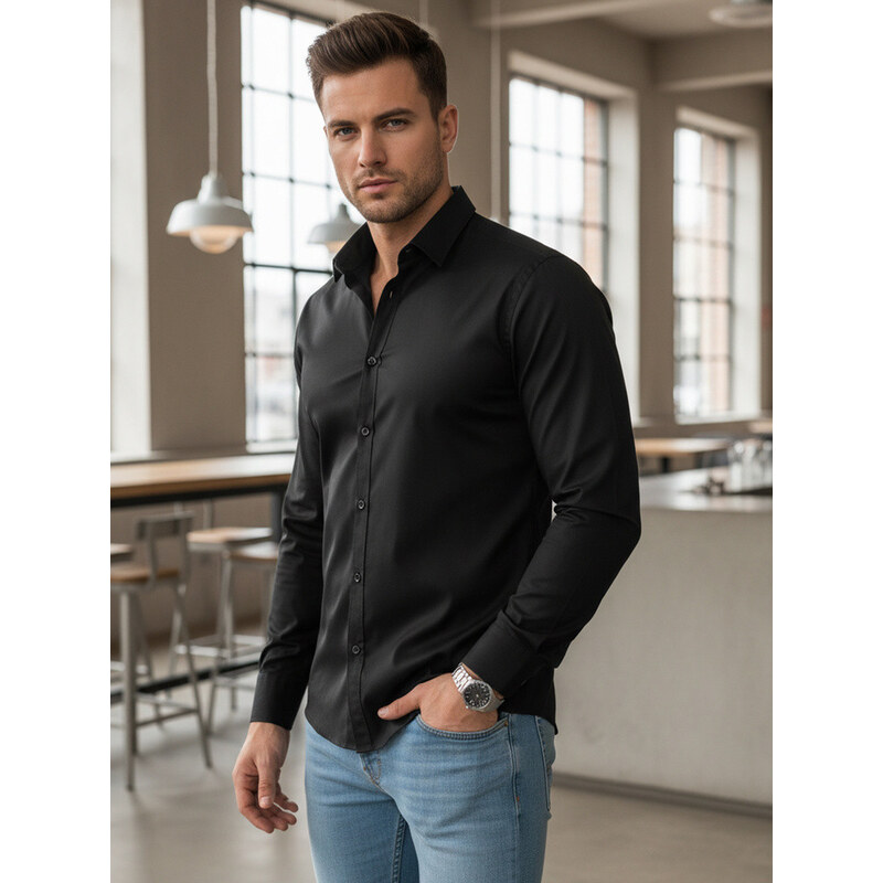 Pánská elegantní hladká černá košile REGULAR FIT FashionStreet
